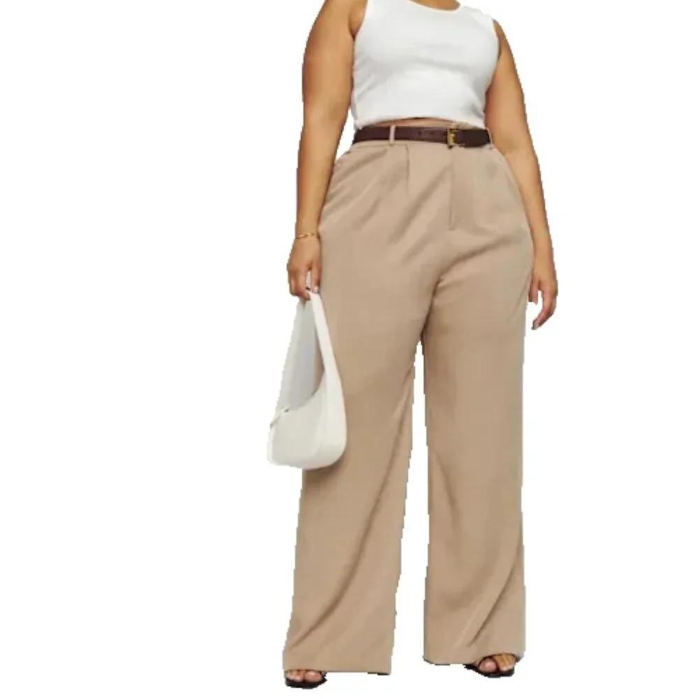 Reformation Mason Wide Leg Women Pants Size 22 Khaki 100% Linen